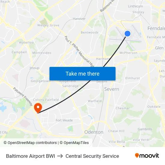 Baltimore Airport BWI to Central Security Service map