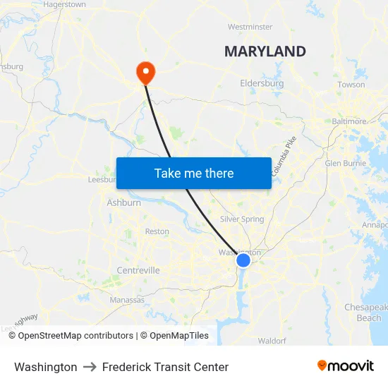 Washington to Frederick Transit Center map