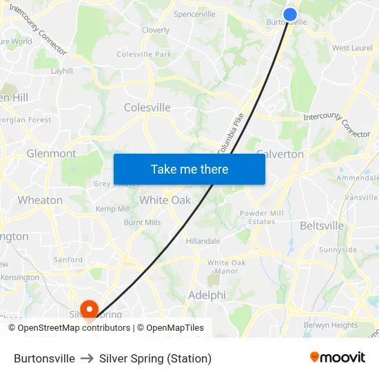 Burtonsville to Silver Spring (Station) map