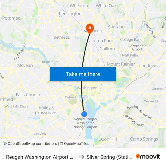 Reagan Washington Airport DCA to Silver Spring (Station) map