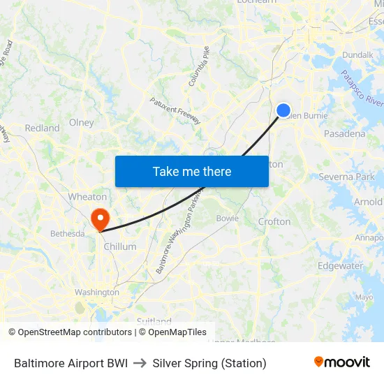 Baltimore Airport BWI to Silver Spring (Station) map