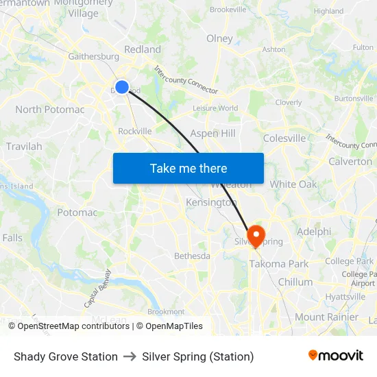 Shady Grove Station to Silver Spring (Station) map