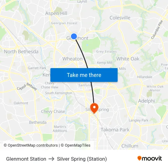 Glenmont Station to Silver Spring (Station) map