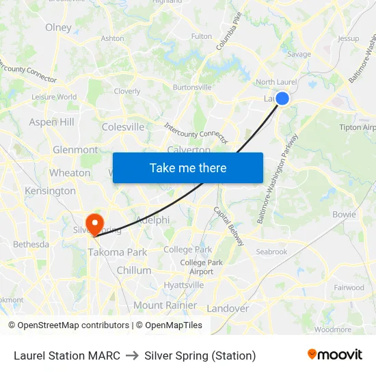 Laurel Station MARC to Silver Spring (Station) map