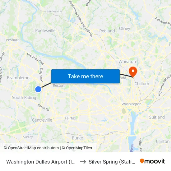 Washington Dulles Airport (IAD) to Silver Spring (Station) map