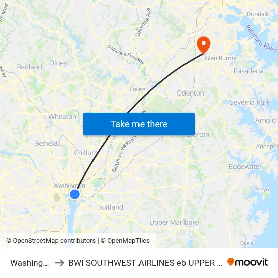 Washington to BWI SOUTHWEST AIRLINES eb UPPER LEVEL map