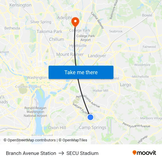 Branch Avenue Station to SECU Stadium map