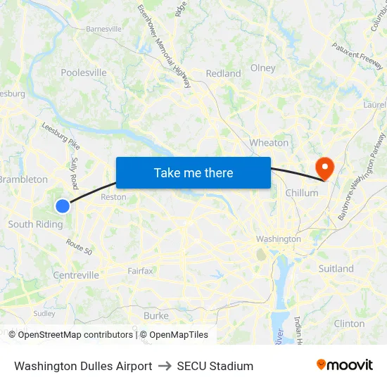Washington Dulles Airport to SECU Stadium map
