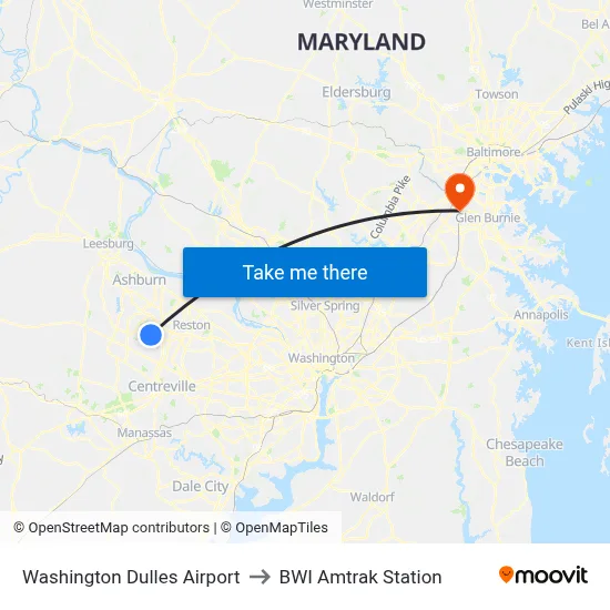 Washington Dulles Airport to BWI Amtrak Station map