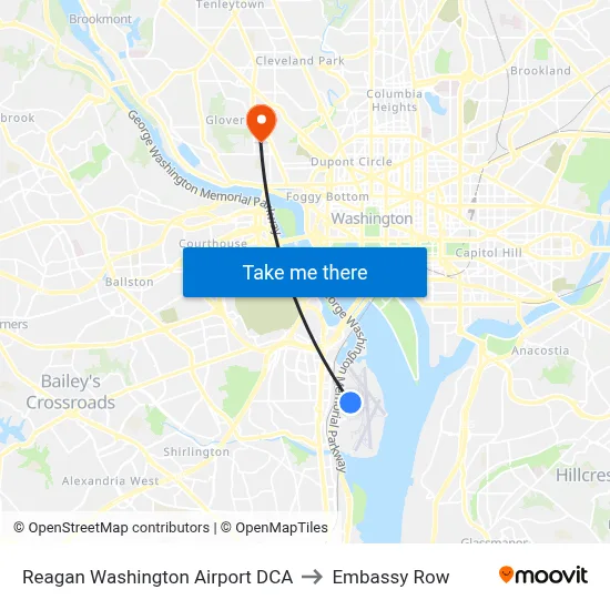 Reagan Washington Airport DCA to Embassy Row map