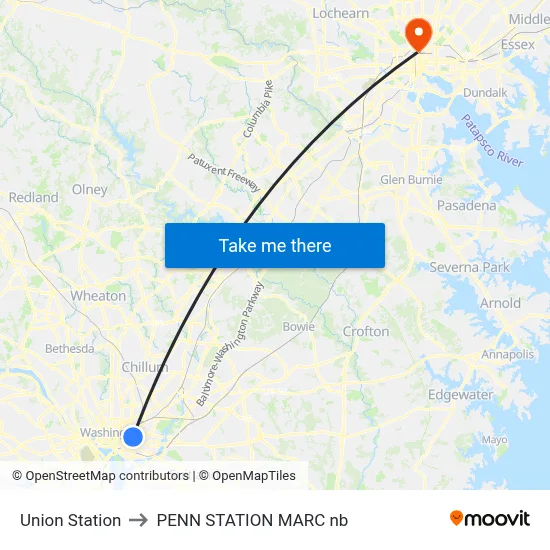 Union Station to PENN STATION MARC nb map