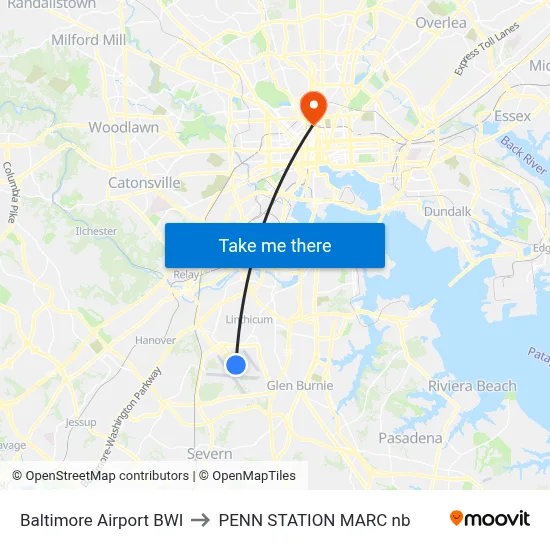 Baltimore Airport BWI to PENN STATION MARC nb map