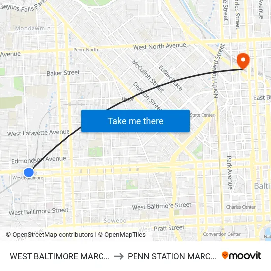 WEST BALTIMORE MARC nb to PENN STATION MARC nb map