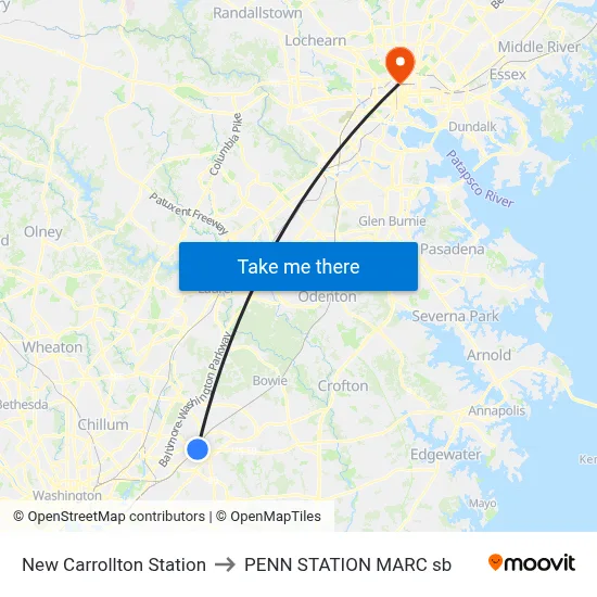 New Carrollton Station to PENN STATION MARC sb map