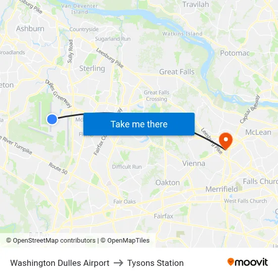 Washington Dulles Airport to Tysons Station map