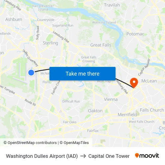 Washington Dulles Airport (IAD) to Capital One Tower map