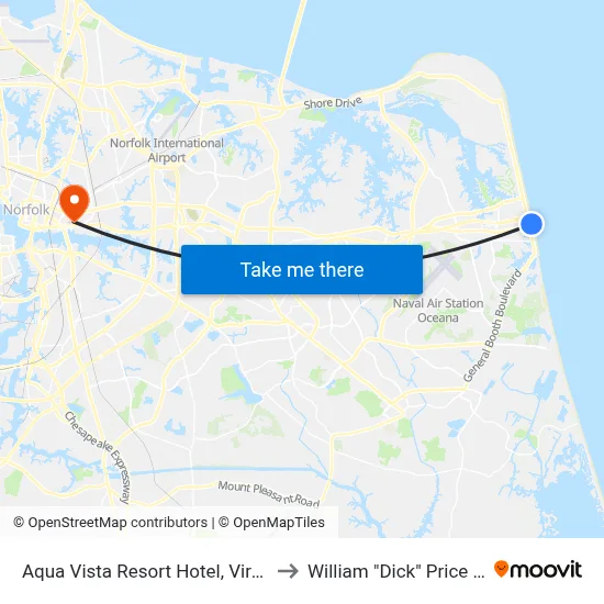 Aqua Vista Resort Hotel, Virginia Beach to William "Dick" Price Stadium map