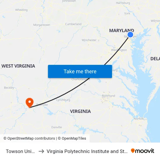 Towson University, 8000 York Rd to Virginia Polytechnic Institute and State University map