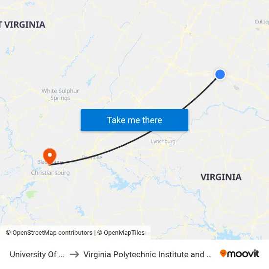 University Of Virginia to Virginia Polytechnic Institute and State University map
