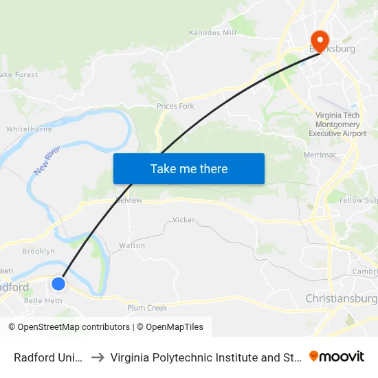 Radford University to Virginia Polytechnic Institute and State University map