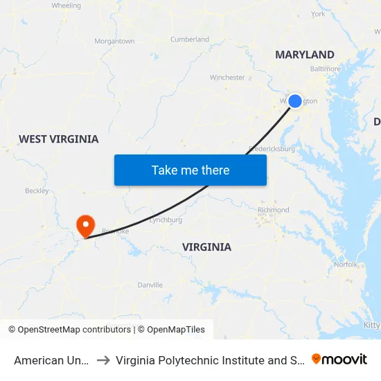 American University to Virginia Polytechnic Institute and State University map