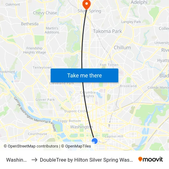 Washington to DoubleTree by Hilton Silver Spring Washington DC map