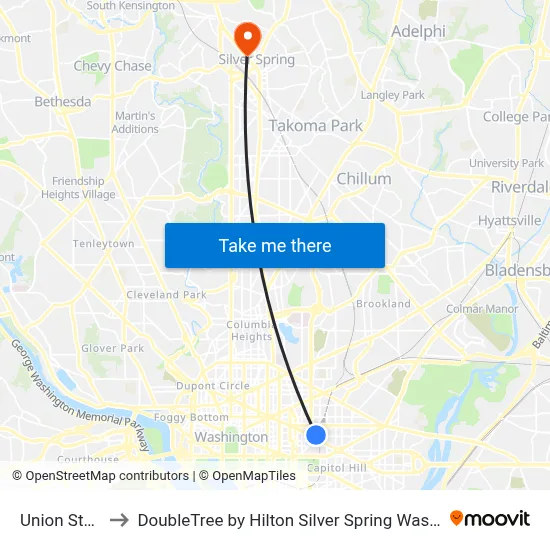 Union Station to DoubleTree by Hilton Silver Spring Washington DC map