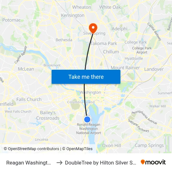 Reagan Washington Airport DCA to DoubleTree by Hilton Silver Spring Washington DC map