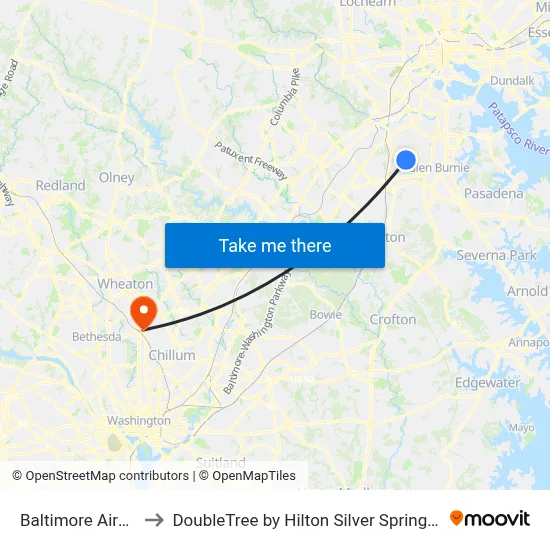 Baltimore Airport BWI to DoubleTree by Hilton Silver Spring Washington DC map