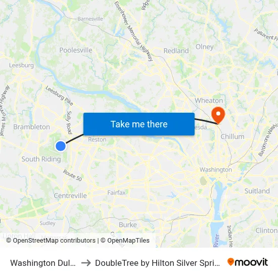 Washington Dulles Airport to DoubleTree by Hilton Silver Spring Washington DC map