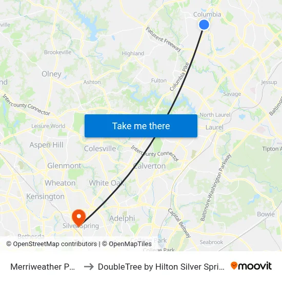 Merriweather Post Pavilion to DoubleTree by Hilton Silver Spring Washington DC map