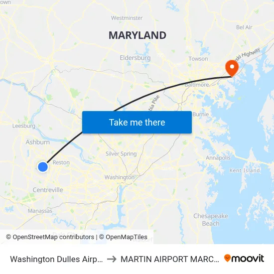 Washington Dulles Airport to MARTIN AIRPORT MARC nb map