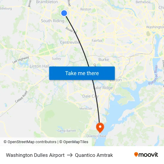 Washington Dulles Airport to Quantico Amtrak map