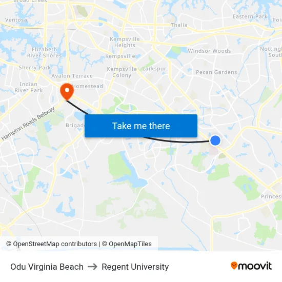 Odu Virginia Beach to Regent University map