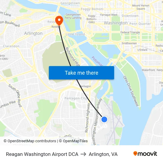 Reagan Washington Airport DCA to Arlington, VA map