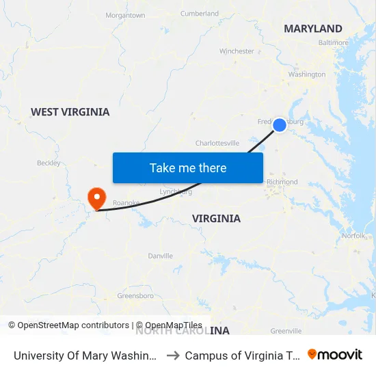 University Of Mary Washington to Campus of Virginia Tech map