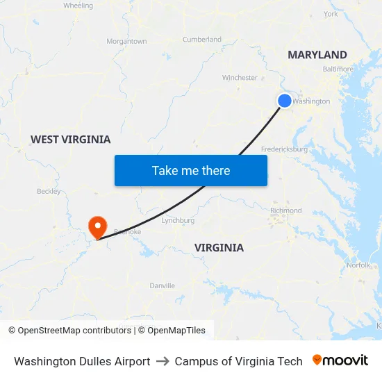 Washington Dulles Airport to Campus of Virginia Tech map