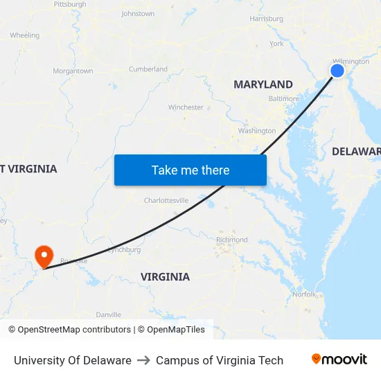 University Of Delaware to Campus of Virginia Tech map