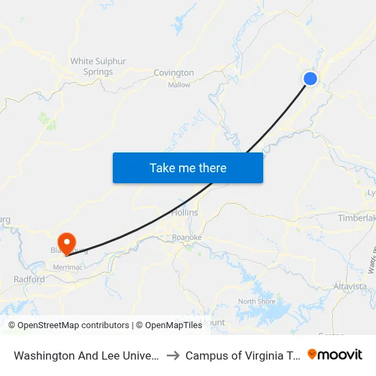 Washington And Lee University to Campus of Virginia Tech map