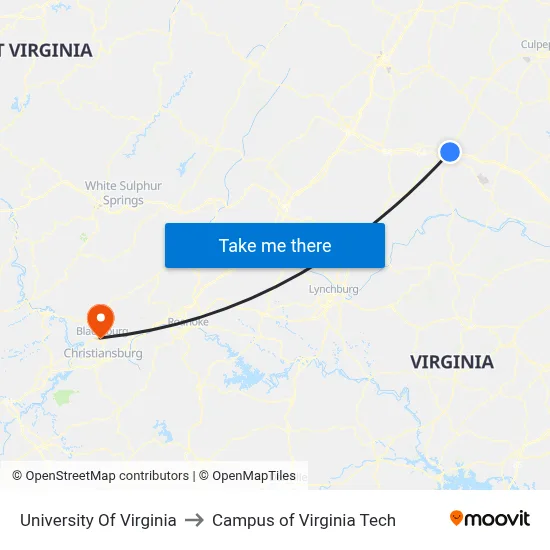 University Of Virginia to Campus of Virginia Tech map