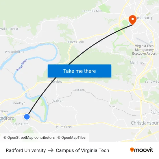 Radford University to Campus of Virginia Tech map
