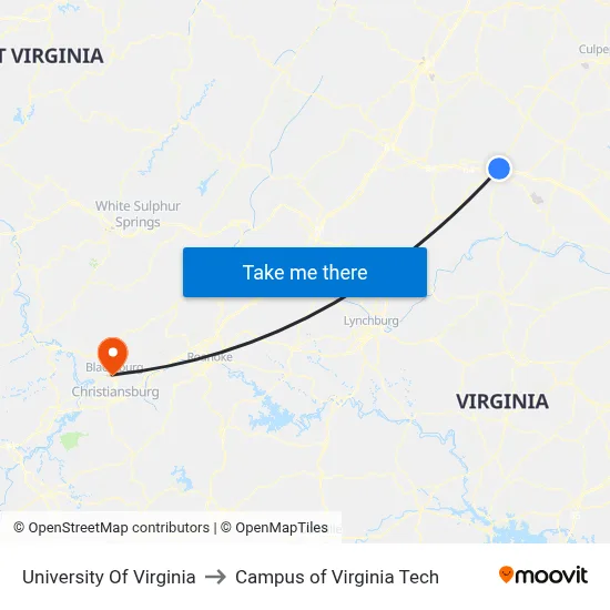 University Of Virginia to Campus of Virginia Tech map