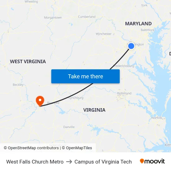 West Falls Church Metro to Campus of Virginia Tech map
