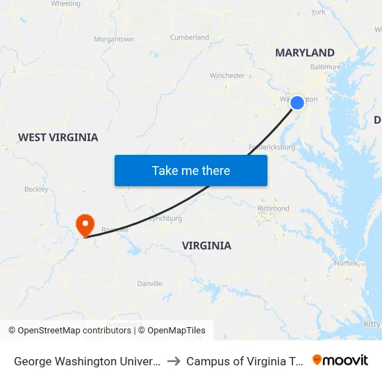 George Washington University to Campus of Virginia Tech map