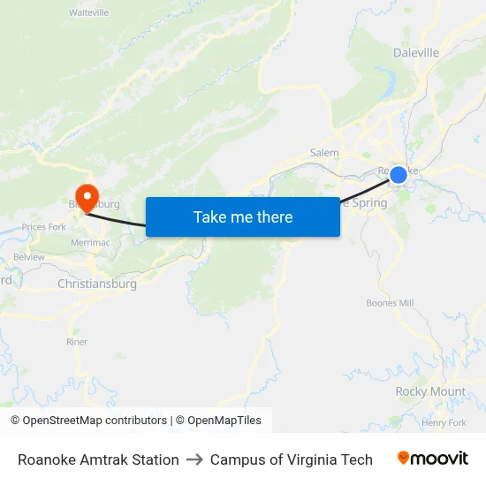 Roanoke Amtrak Station to Campus of Virginia Tech map