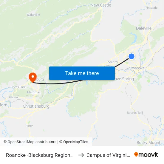 Roanoke -Blacksburg Regional Airport to Campus of Virginia Tech map