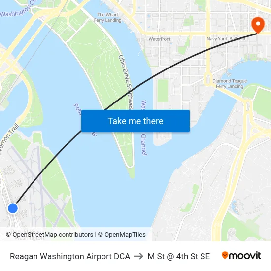 Reagan Washington Airport DCA to M St @ 4th St SE map