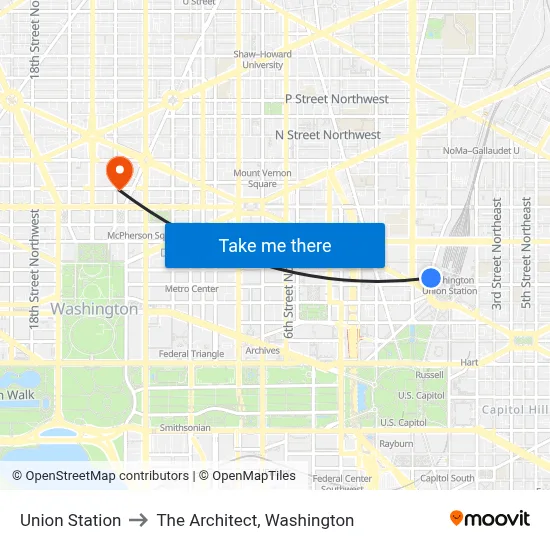Union Station to The Architect, Washington map