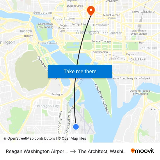 Reagan Washington Airport DCA to The Architect, Washington map