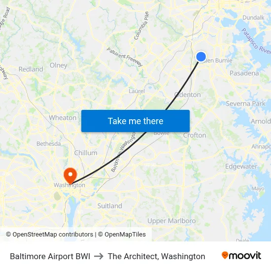 Baltimore Airport BWI to The Architect, Washington map